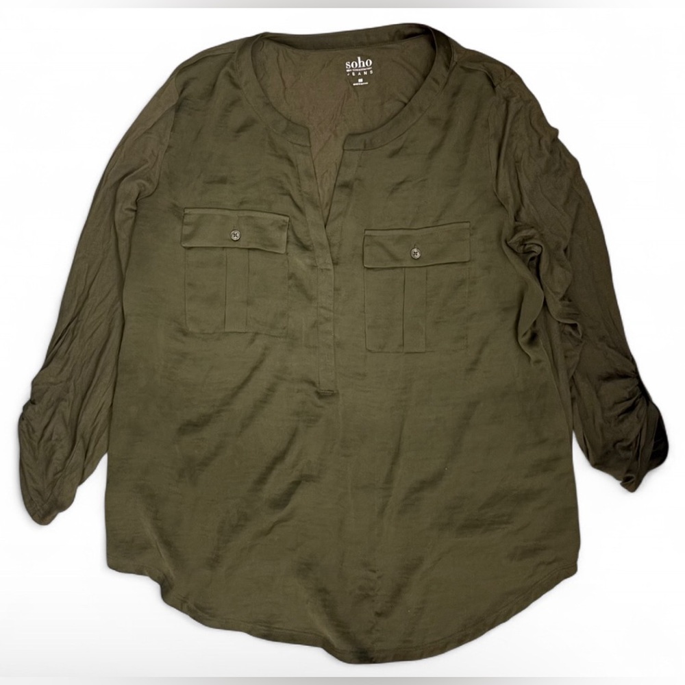 New York & Company Olive Green Button Front Blouse Women’s Large Top
